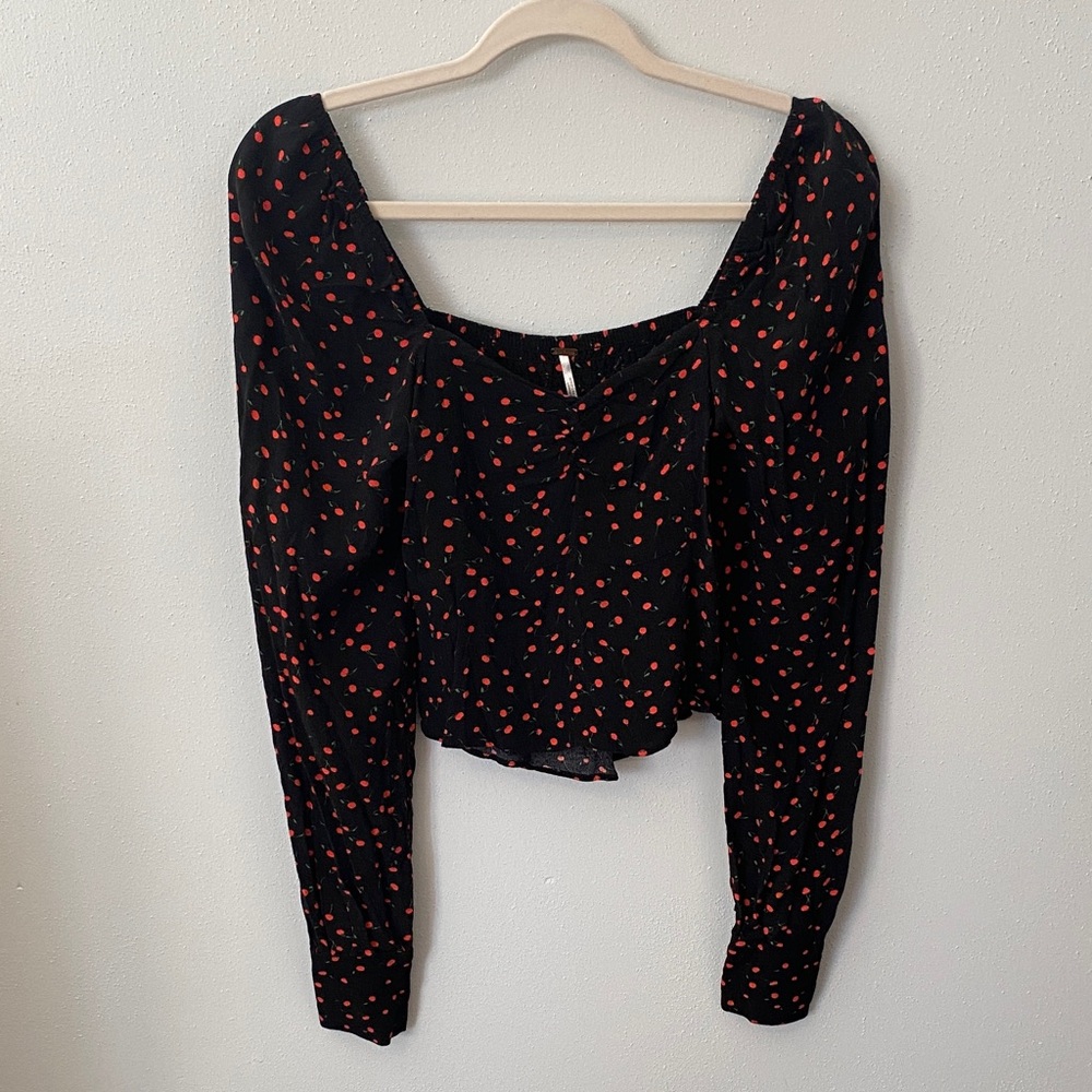 Free People Black Blouse with Red Cherries